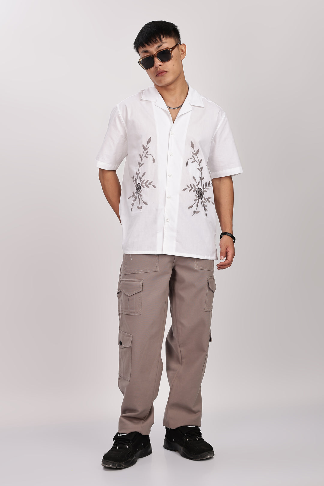 Grey Floral Embroidery White Cuban Shirt