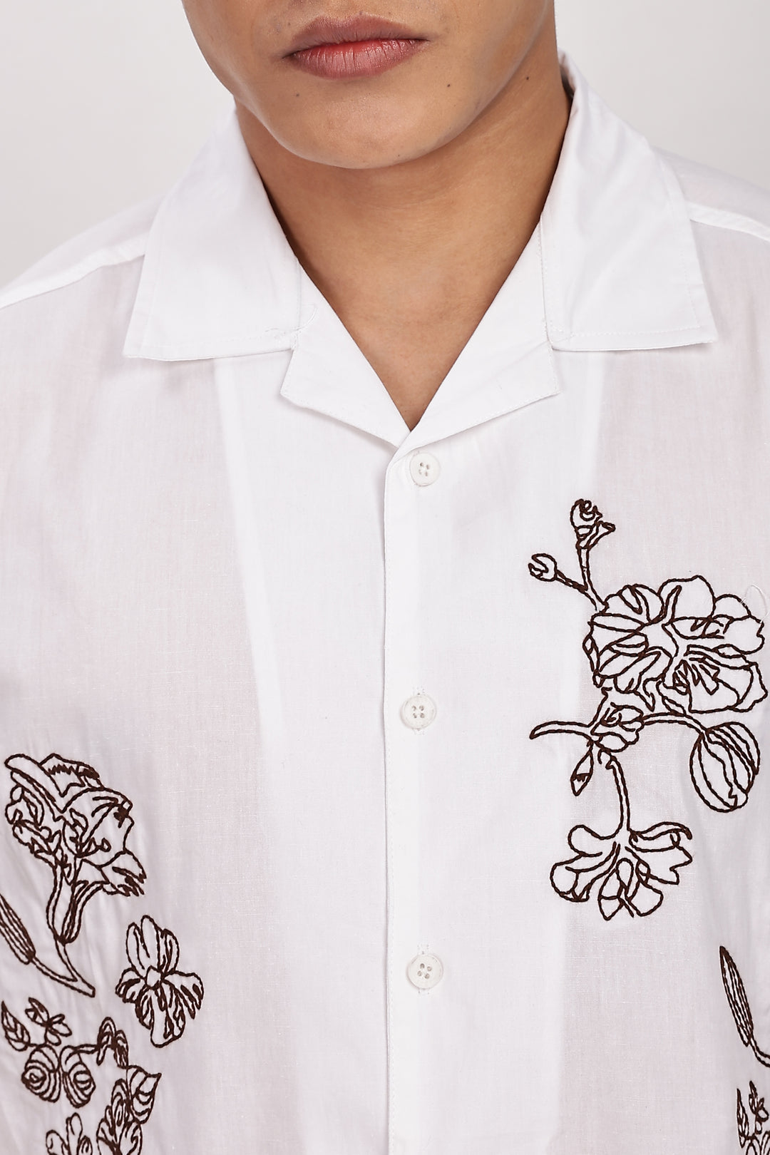 Brown Floral embroidery Cotton Cuban Shirt