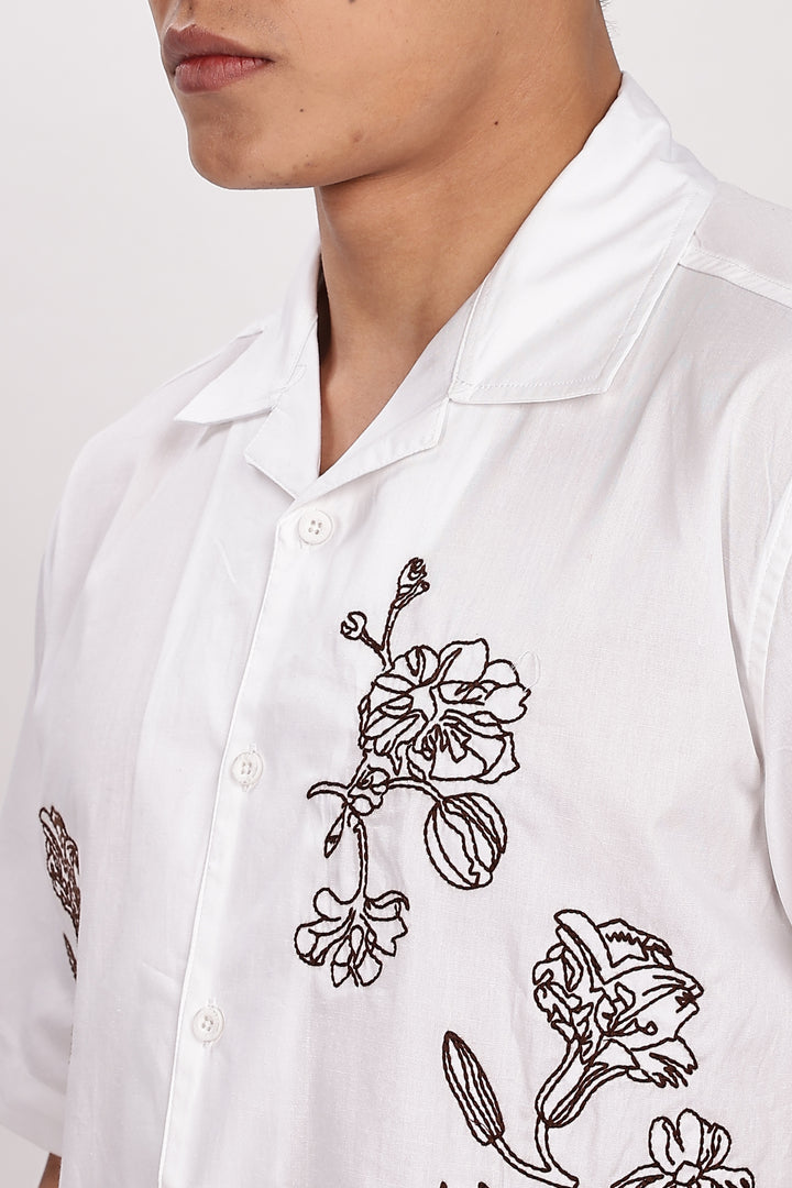 Brown Floral embroidery Cotton Cuban Shirt