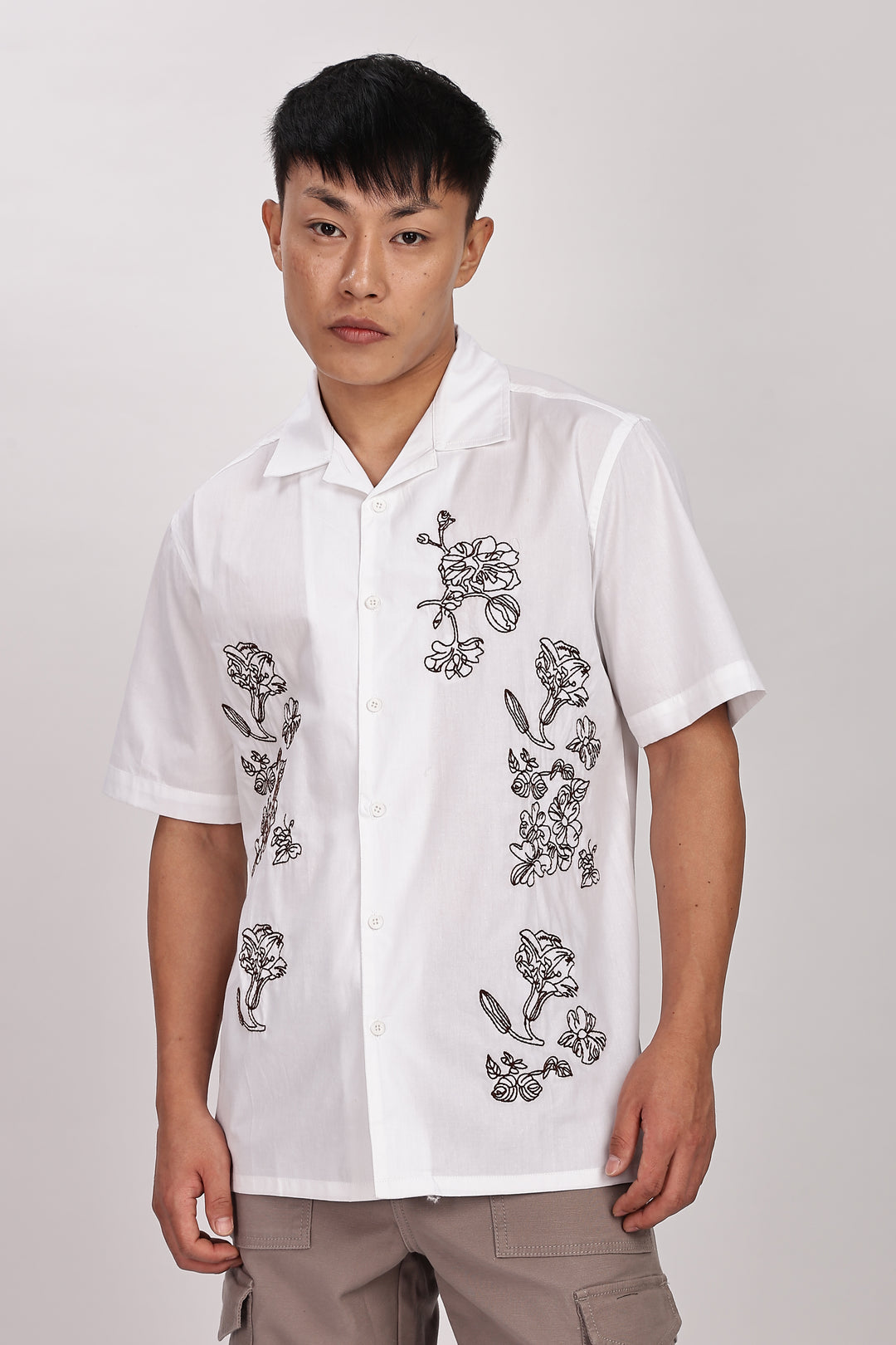 Brown Floral embroidery Cotton Cuban Shirt