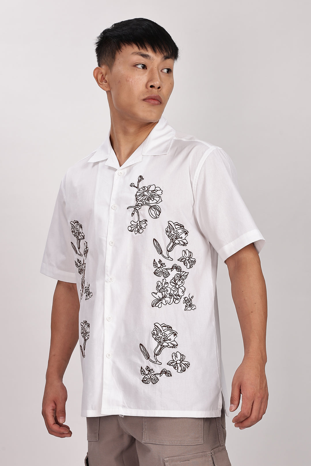Brown Floral embroidery Cotton Cuban Shirt