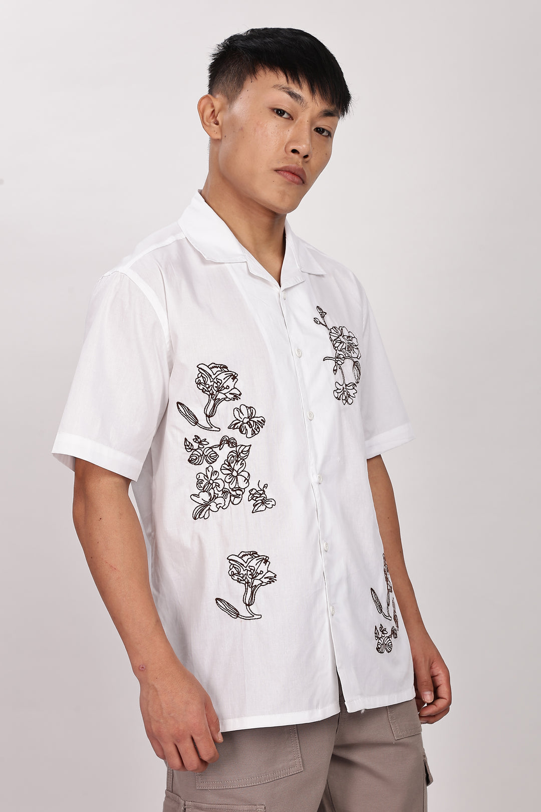 Brown Floral embroidery Cotton Cuban Shirt