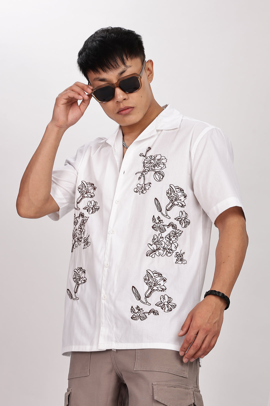 Brown Floral embroidery Cotton Cuban Shirt