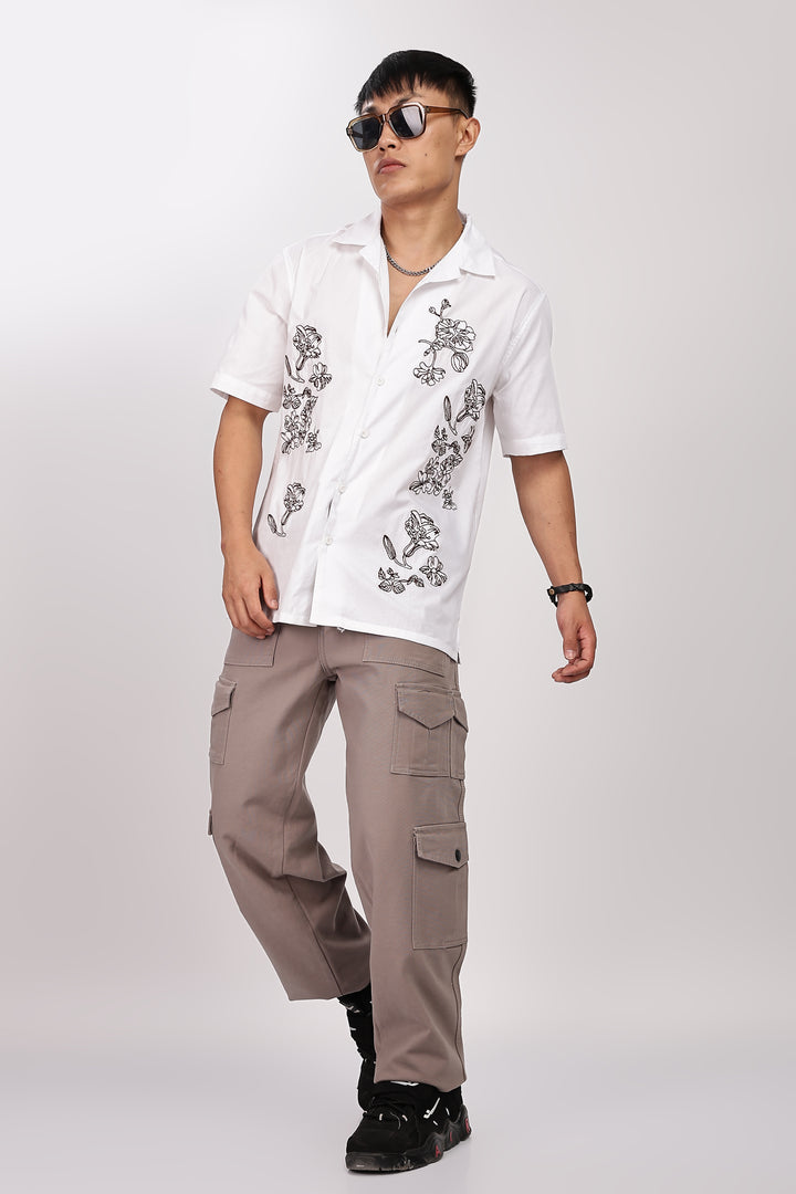 Brown Floral embroidery Cotton Cuban Shirt
