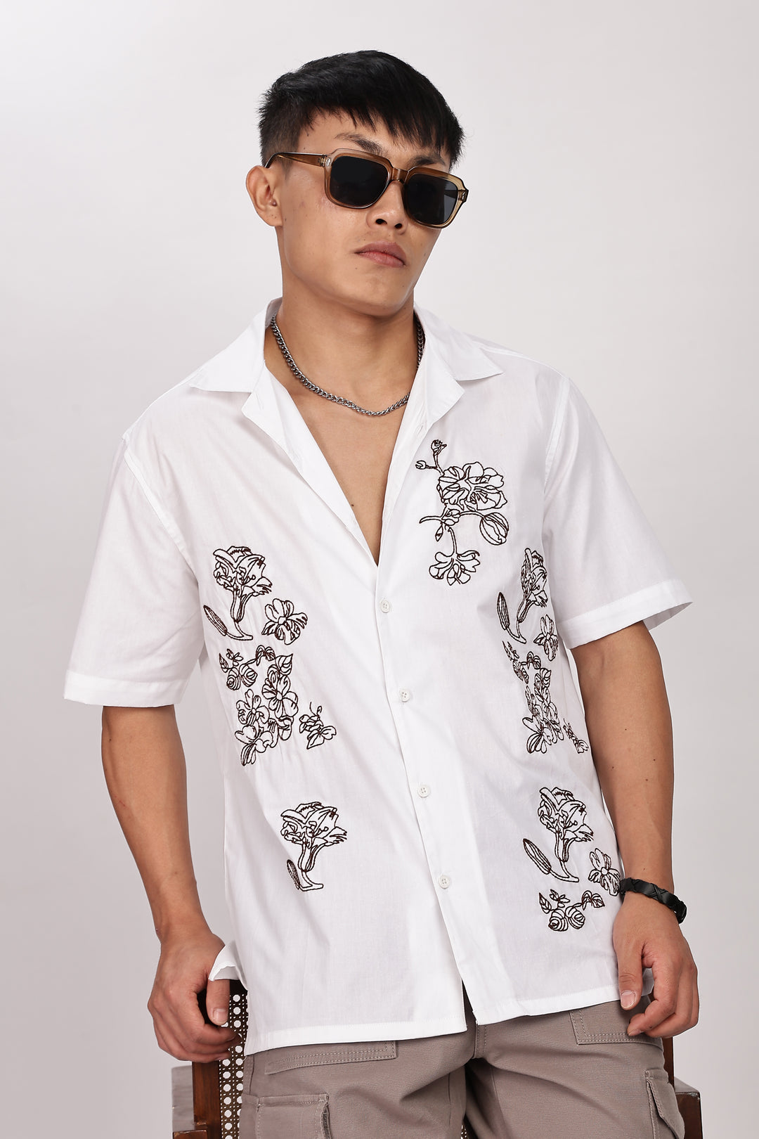 Brown Floral embroidery Cotton Cuban Shirt