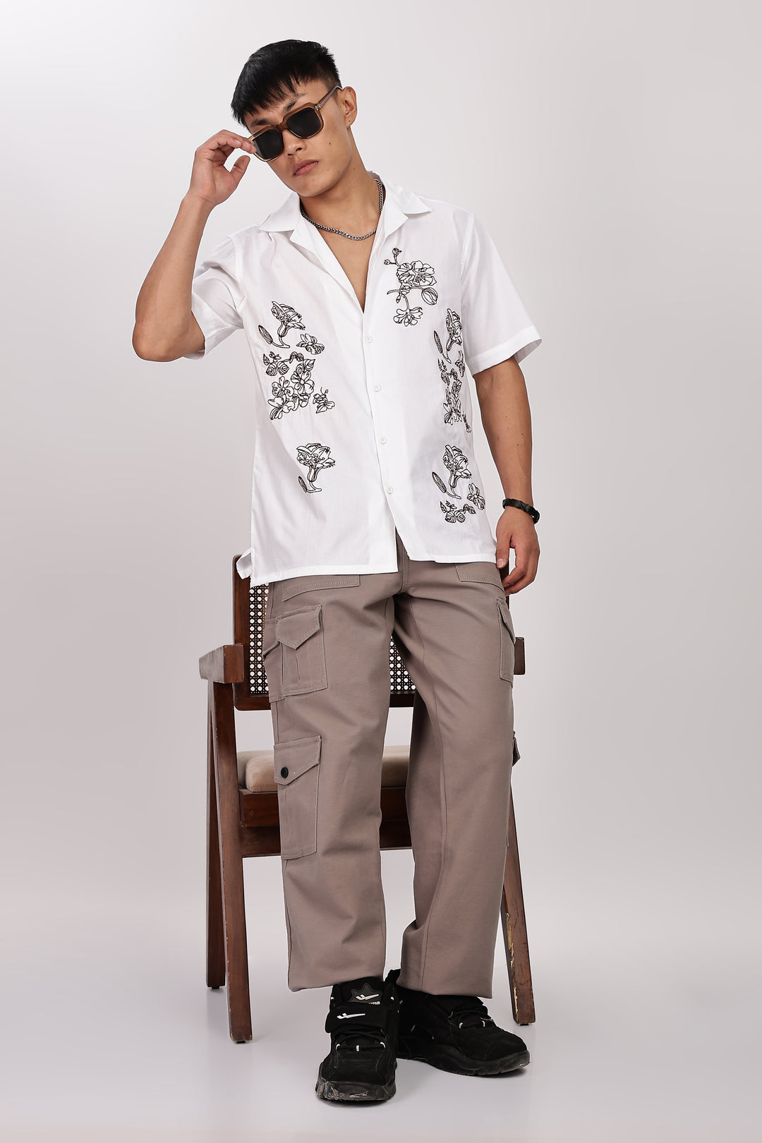 Brown Floral embroidery Cotton Cuban Shirt
