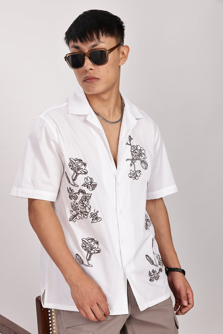Brown Floral embroidery Cotton Cuban Shirt