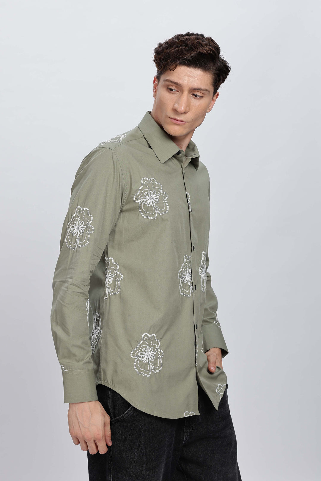 Green flower Embroidery Shirt