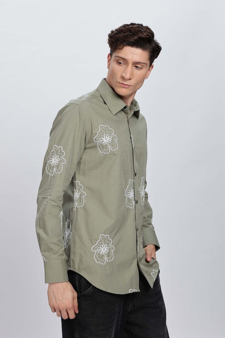 Green flower Embroidery Shirt