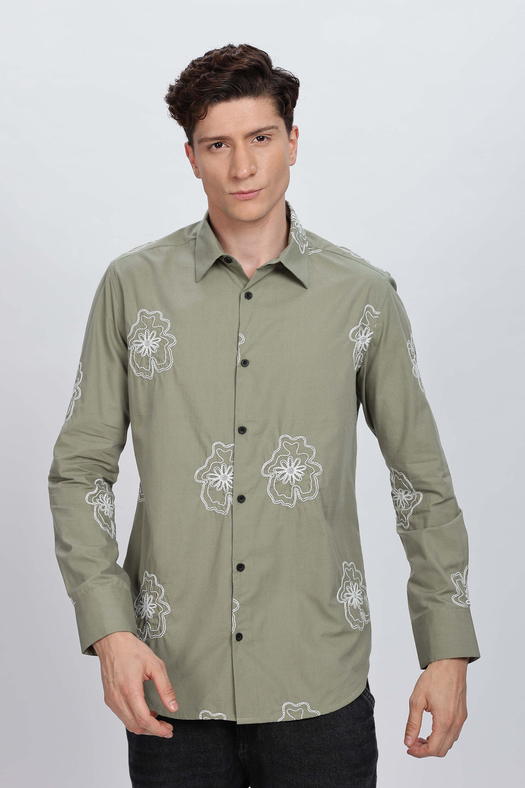 Green flower Embroidery Shirt