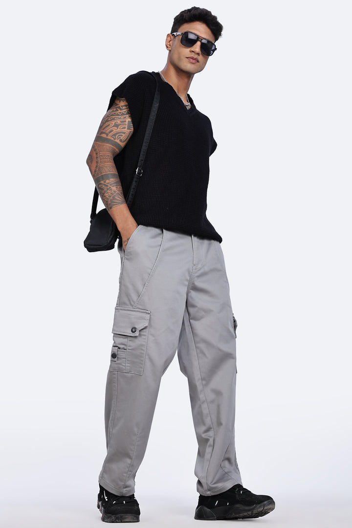 Grey Baggy Stretch Twill Cargo Pants