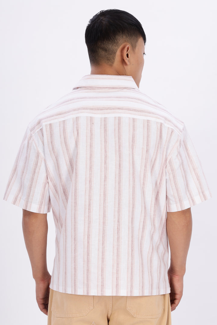 Boxy Fit: Aplique Flower Pink Stripes Cuban Shirt