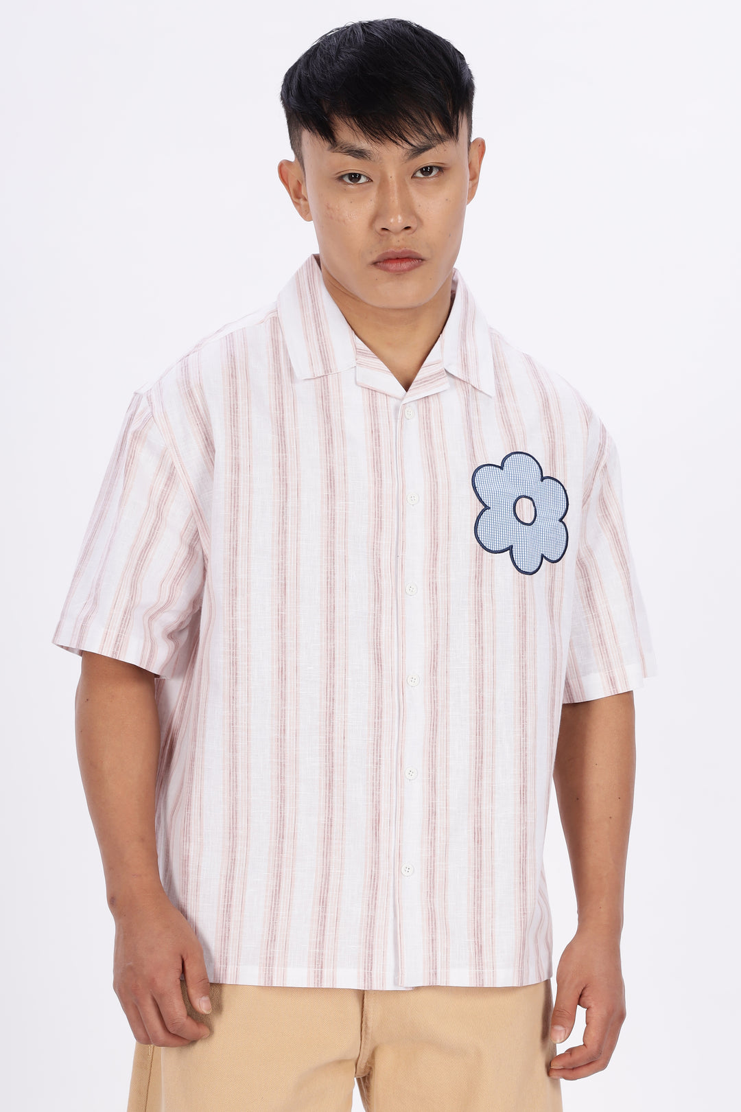 Boxy Fit: Aplique Flower Pink Stripes Cuban Shirt