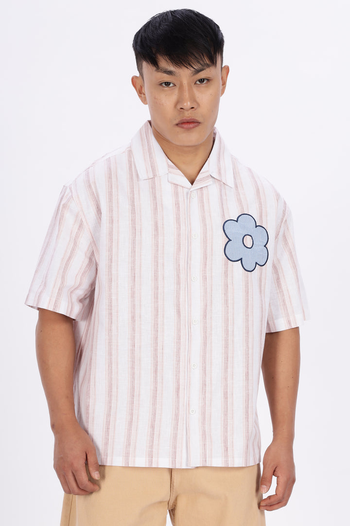 Boxy Fit: Aplique Flower Pink Stripes Cuban Shirt