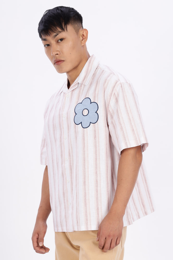 Boxy Fit: Aplique Flower Pink Stripes Cuban Shirt