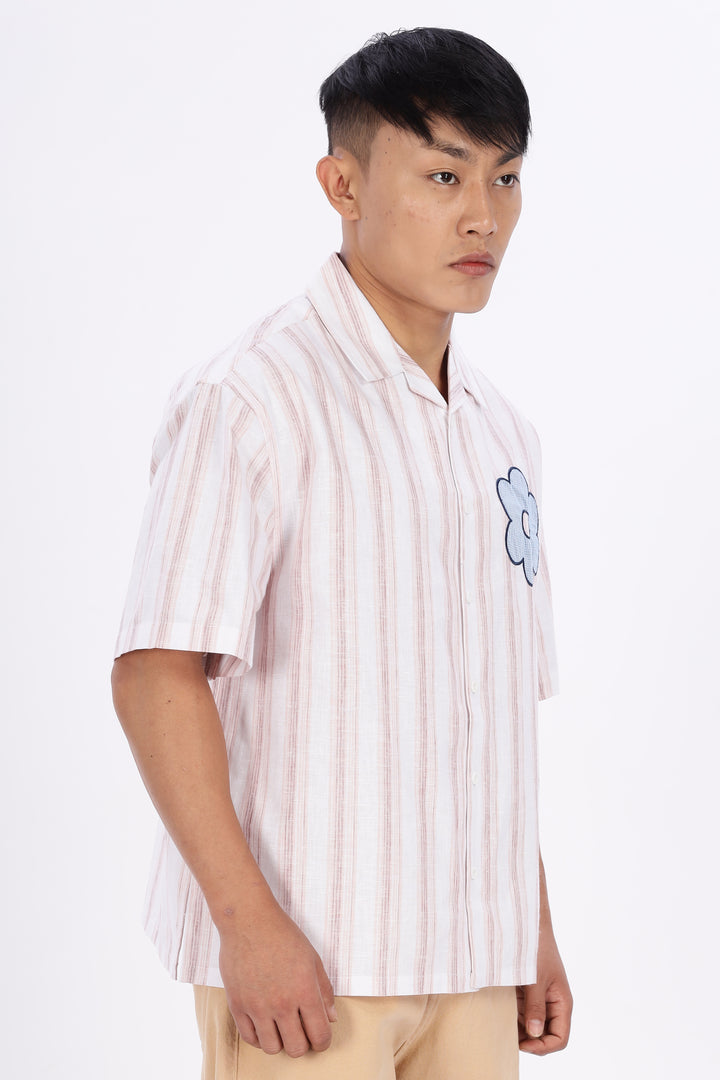 Boxy Fit: Aplique Flower Pink Stripes Cuban Shirt