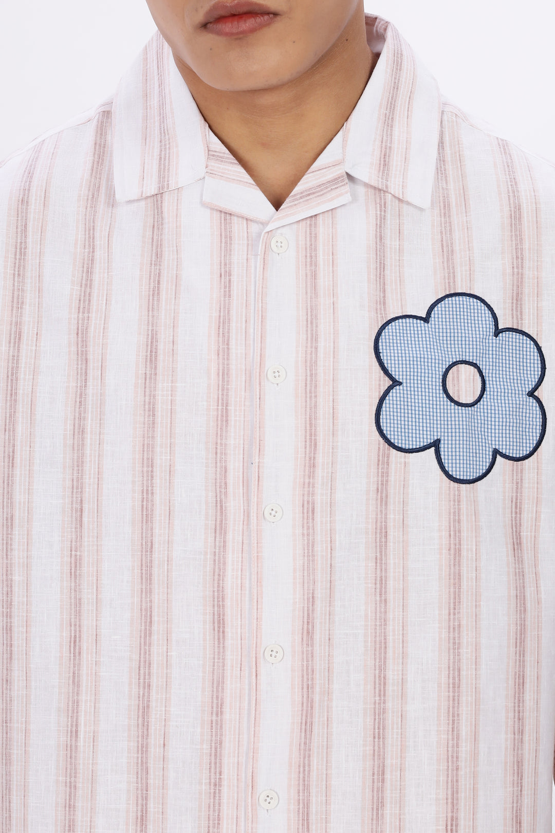 Boxy Fit: Aplique Flower Pink Stripes Cuban Shirt