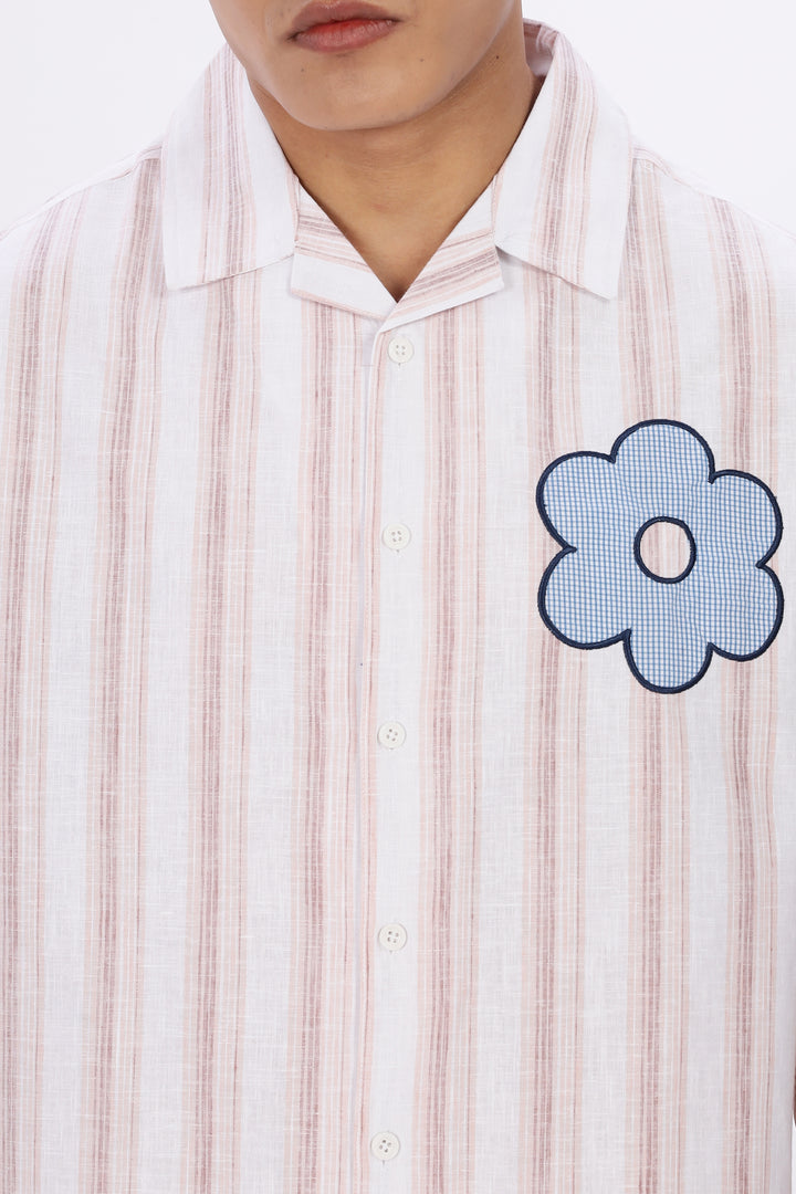 Boxy Fit: Aplique Flower Pink Stripes Cuban Shirt