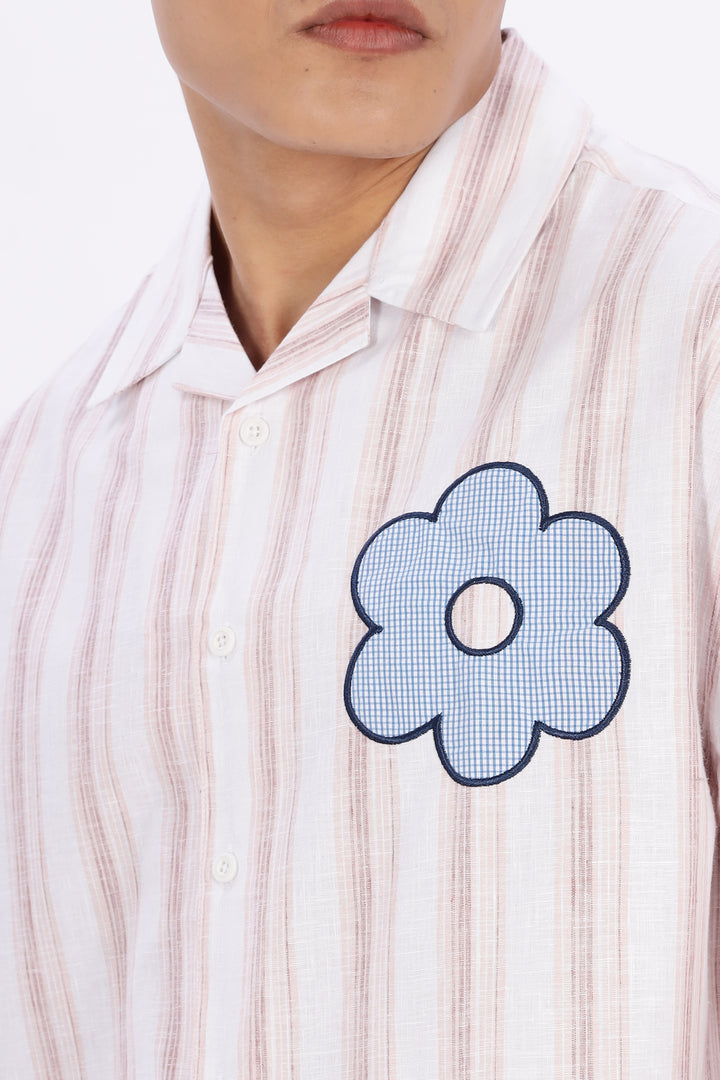 Boxy Fit: Aplique Flower Pink Stripes Cuban Shirt