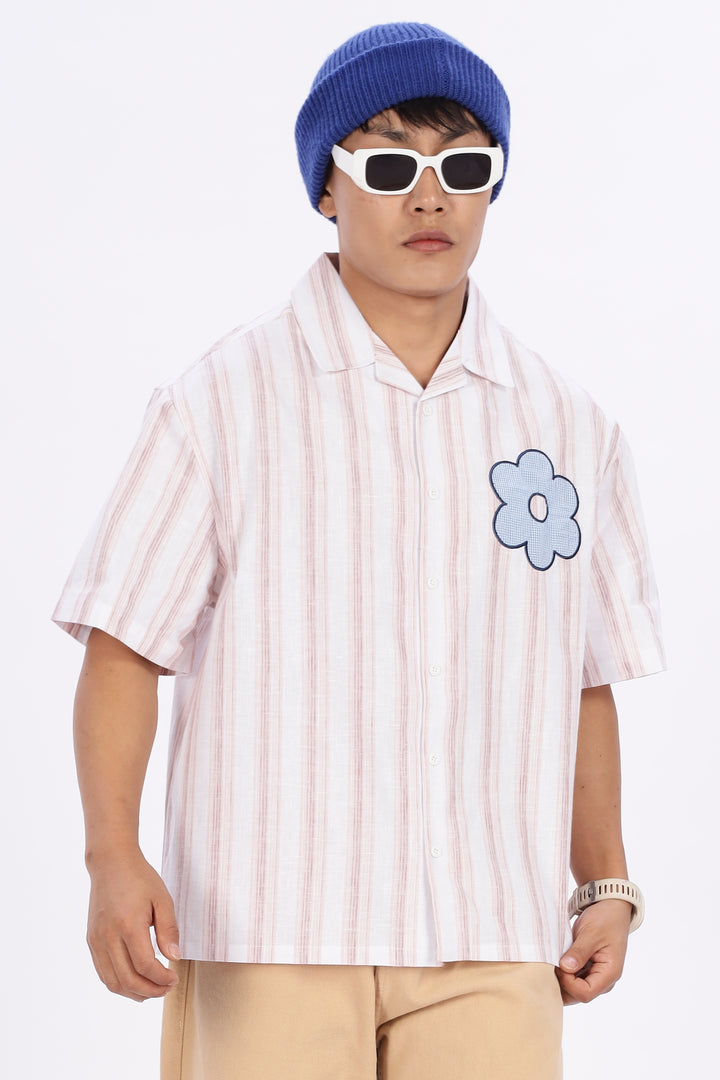 Boxy Fit: Aplique Flower Pink Stripes Cuban Shirt