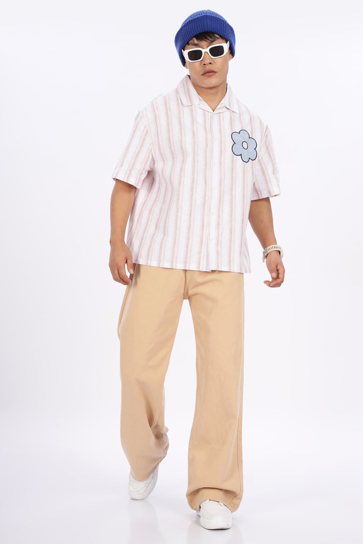 Boxy Fit: Aplique Flower Pink Stripes Cuban Shirt