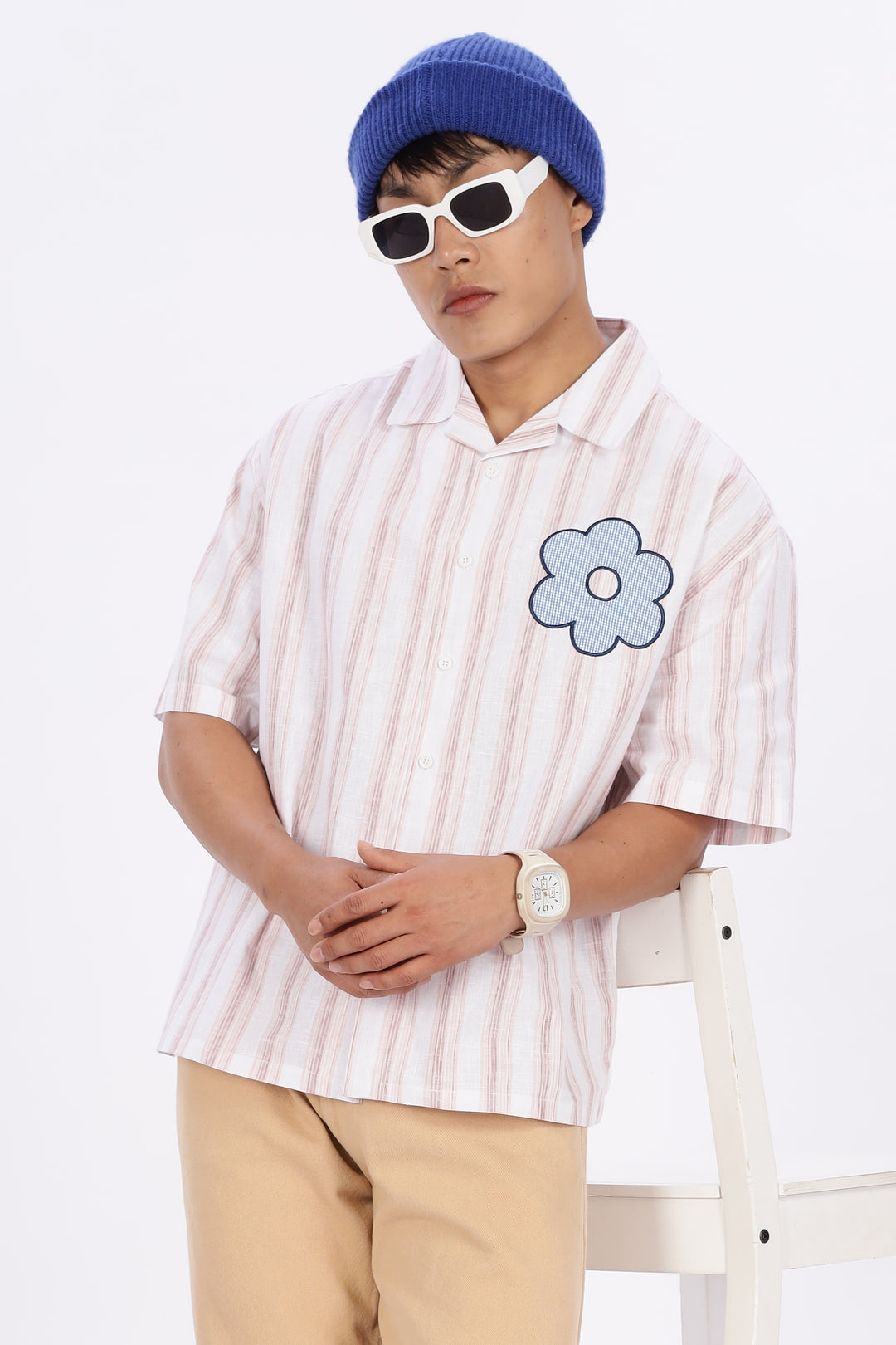 Boxy Fit: Aplique Flower Pink Stripes Cuban Shirt
