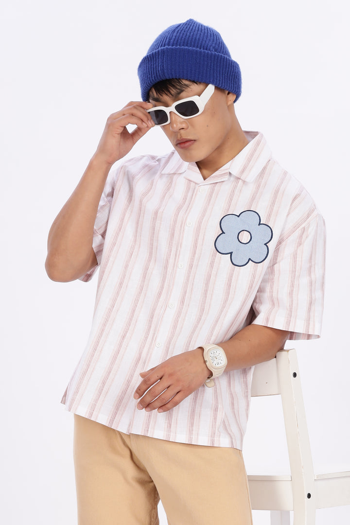 Boxy Fit: Aplique Flower Pink Stripes Cuban Shirt