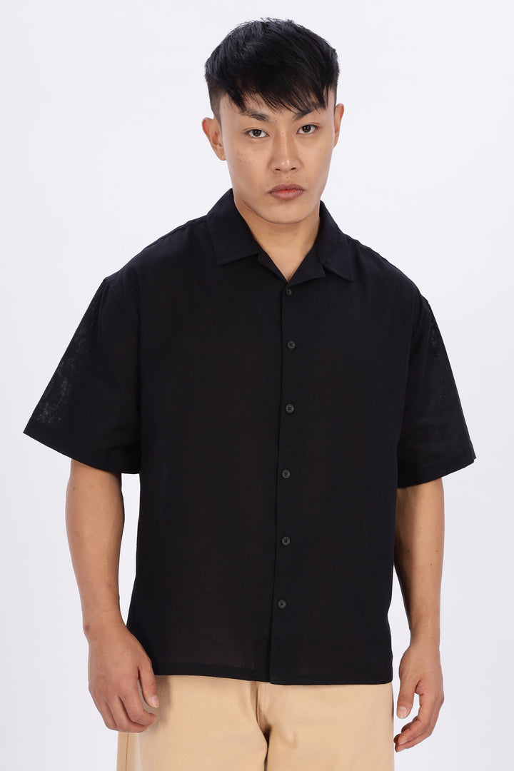 Boxy Fit: Cowboy Linen Black Cuban Shirt