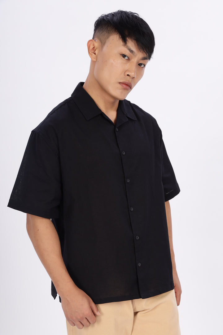 Boxy Fit: Cowboy Linen Black Cuban Shirt