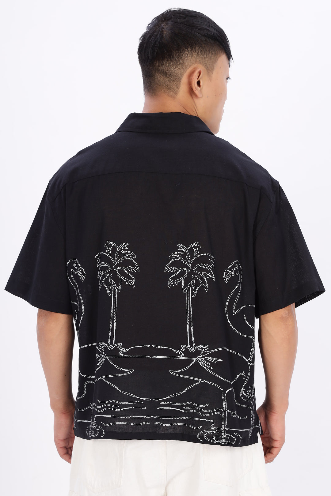 Flamingo: Linen Black Boxy Fit Cuban Shirt