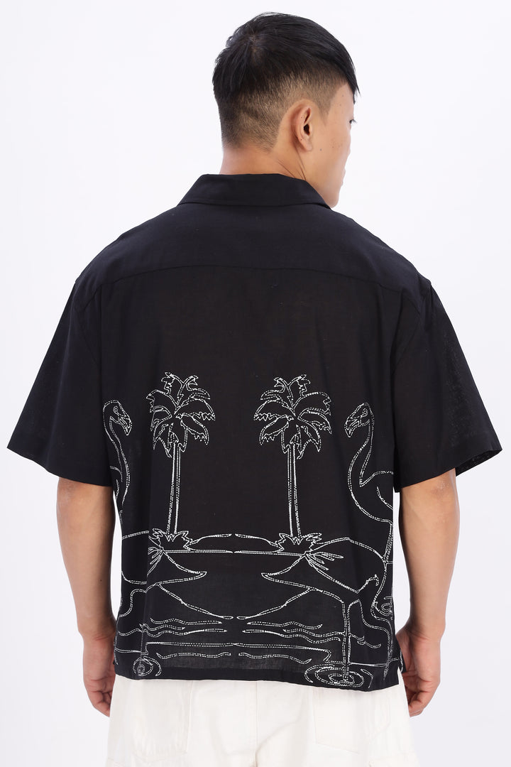 Flamingo: Linen Black Boxy Fit Cuban Shirt