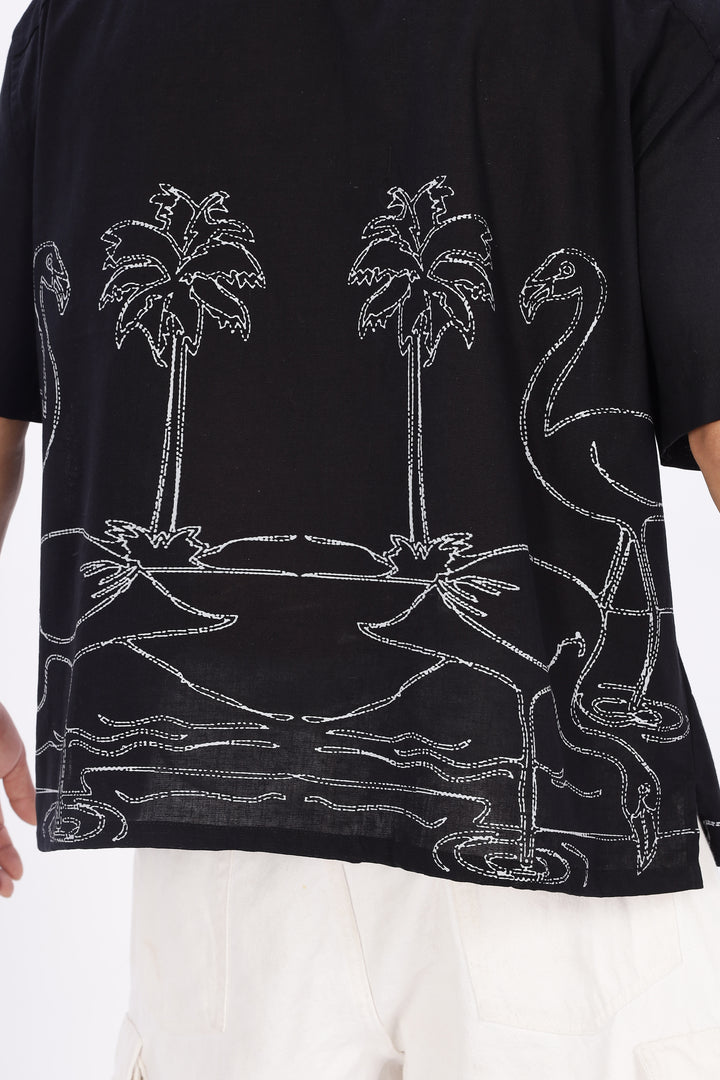 Flamingo: Linen Black Boxy Fit Cuban Shirt