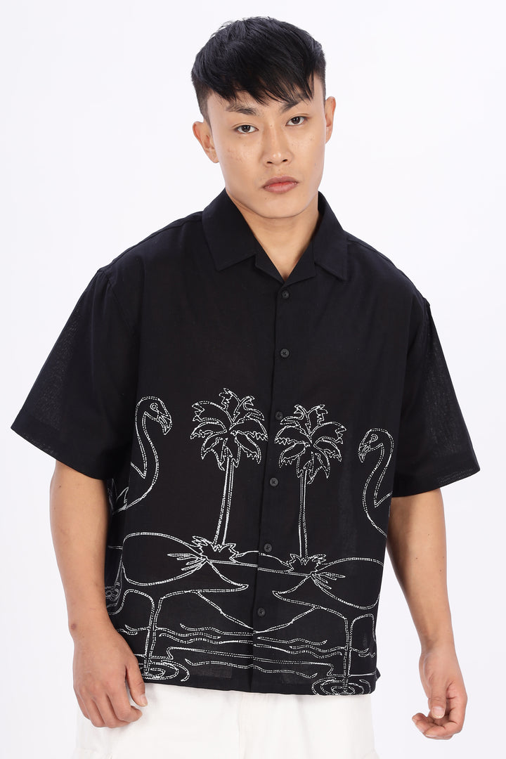 Flamingo: Linen Black Boxy Fit Cuban Shirt