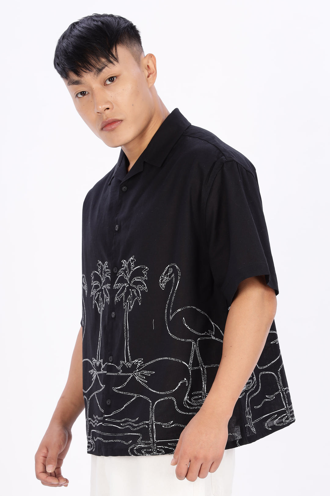 Flamingo: Linen Black Boxy Fit Cuban Shirt