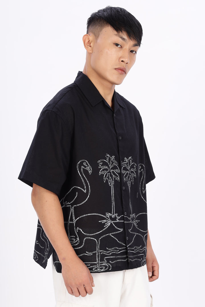 Flamingo: Linen Black Boxy Fit Cuban Shirt
