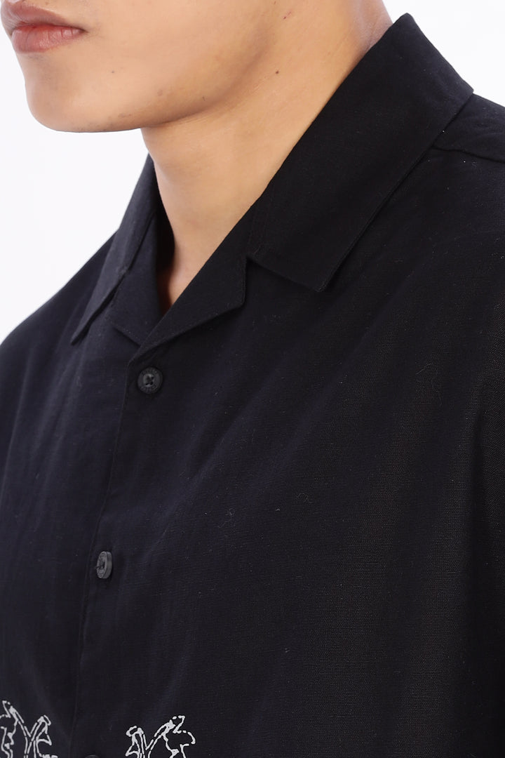 Flamingo: Linen Black Boxy Fit Cuban Shirt