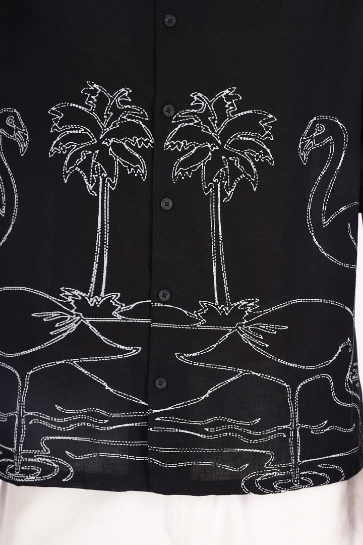 Flamingo: Linen Black Boxy Fit Cuban Shirt