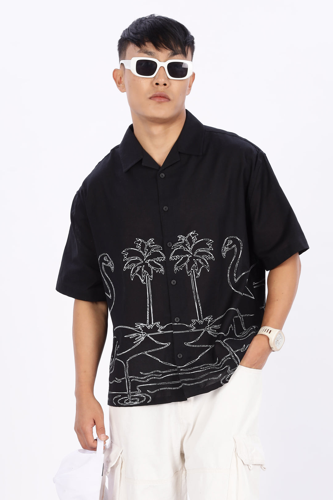 Flamingo: Linen Black Boxy Fit Cuban Shirt
