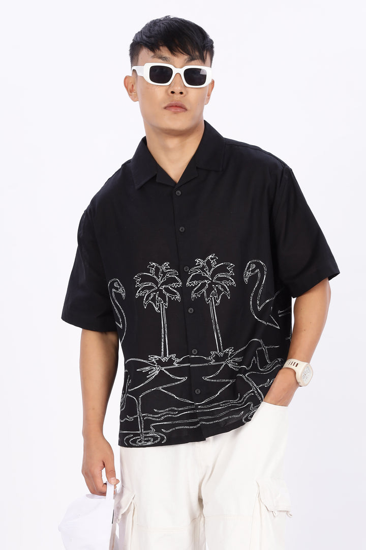 Flamingo: Linen Black Boxy Fit Cuban Shirt