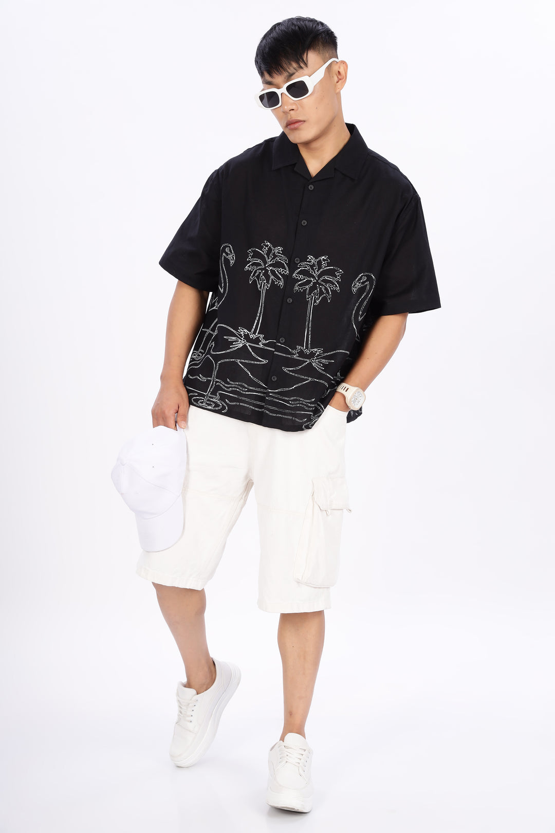 Flamingo: Linen Black Boxy Fit Cuban Shirt