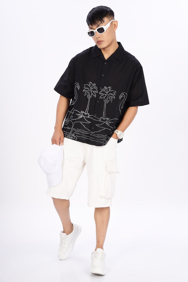 Flamingo: Linen Black Boxy Fit Cuban Shirt