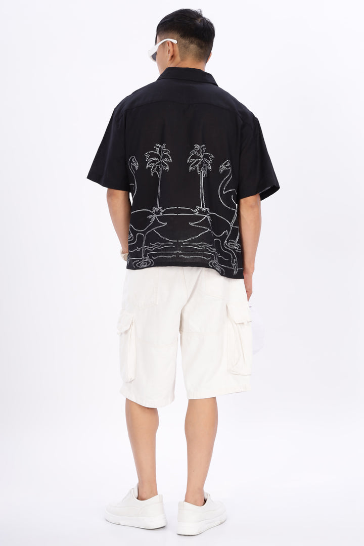 Flamingo: Linen Black Boxy Fit Cuban Shirt