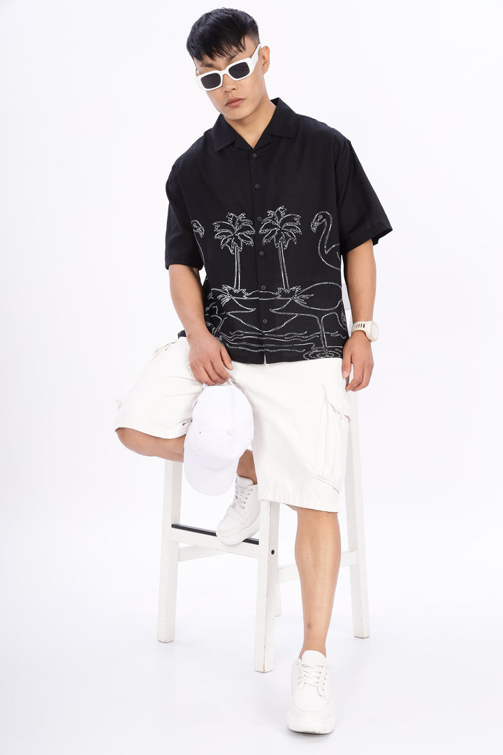 Flamingo: Linen Black Boxy Fit Cuban Shirt