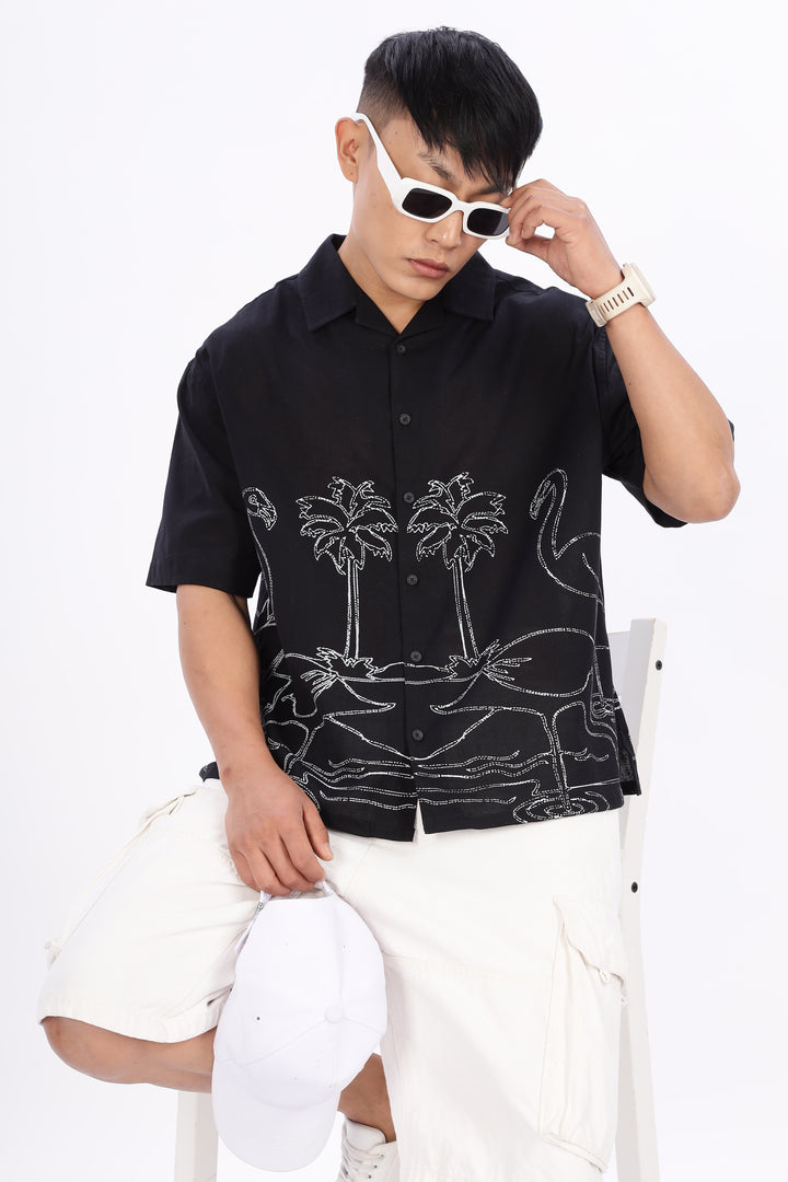 Flamingo: Linen Black Boxy Fit Cuban Shirt