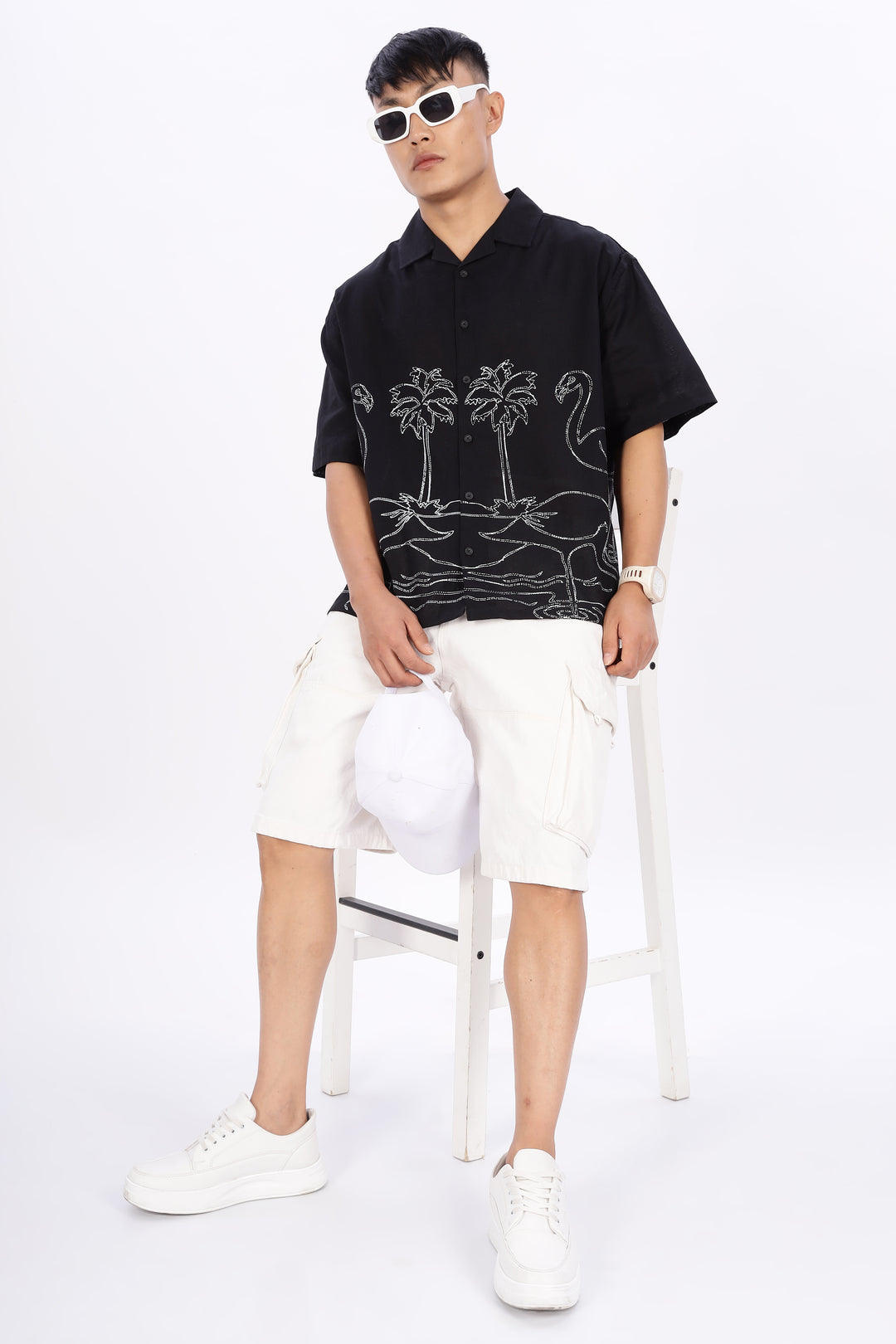 Flamingo: Linen Black Boxy Fit Cuban Shirt