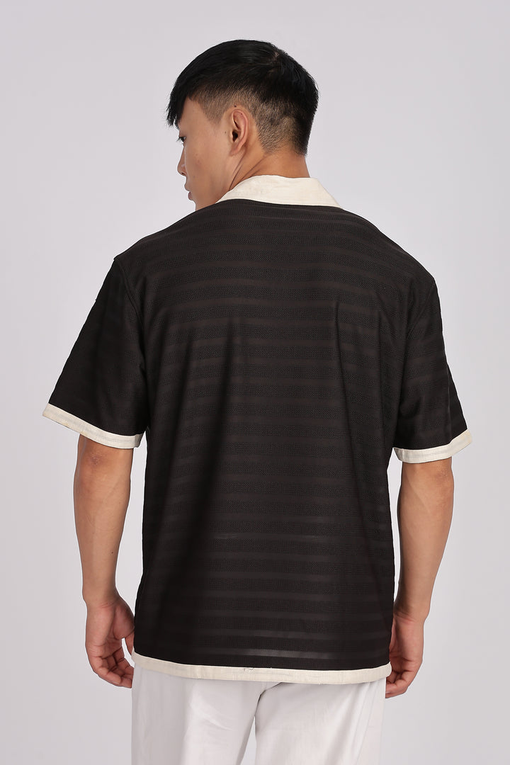 Textured Fabric: Stripes Black Cuban Shirt