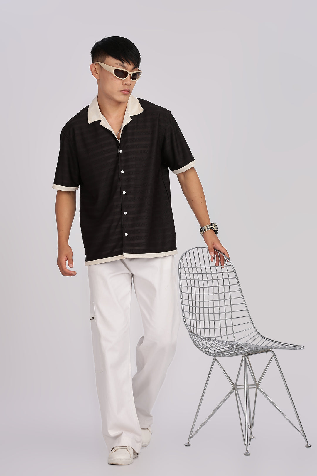Textured Fabric: Stripes Black Cuban Shirt