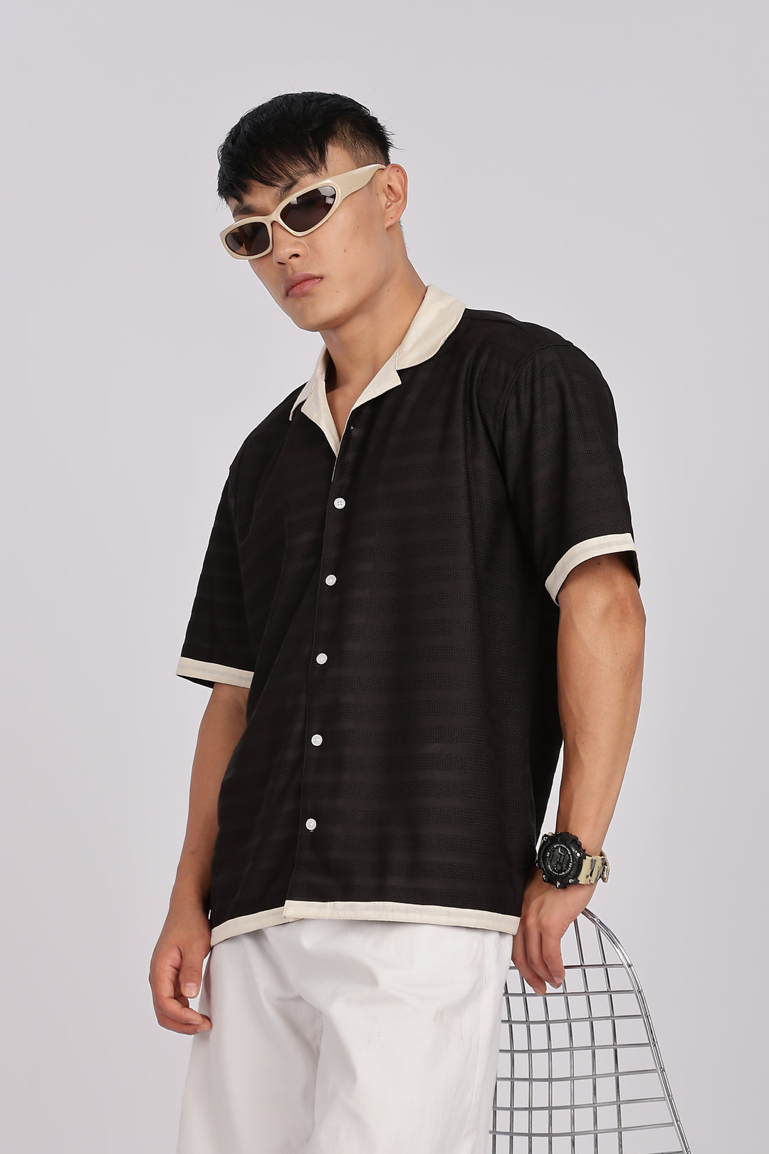 Textured Fabric: Stripes Black Cuban Shirt