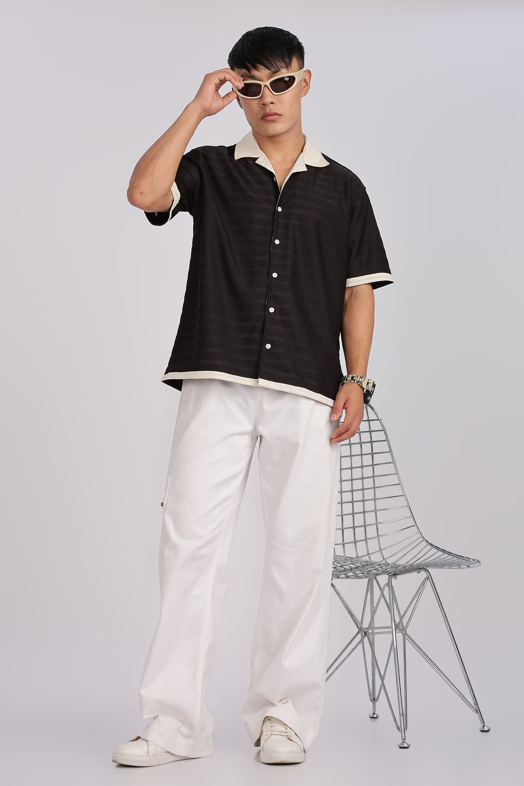 Textured Fabric: Stripes Black Cuban Shirt