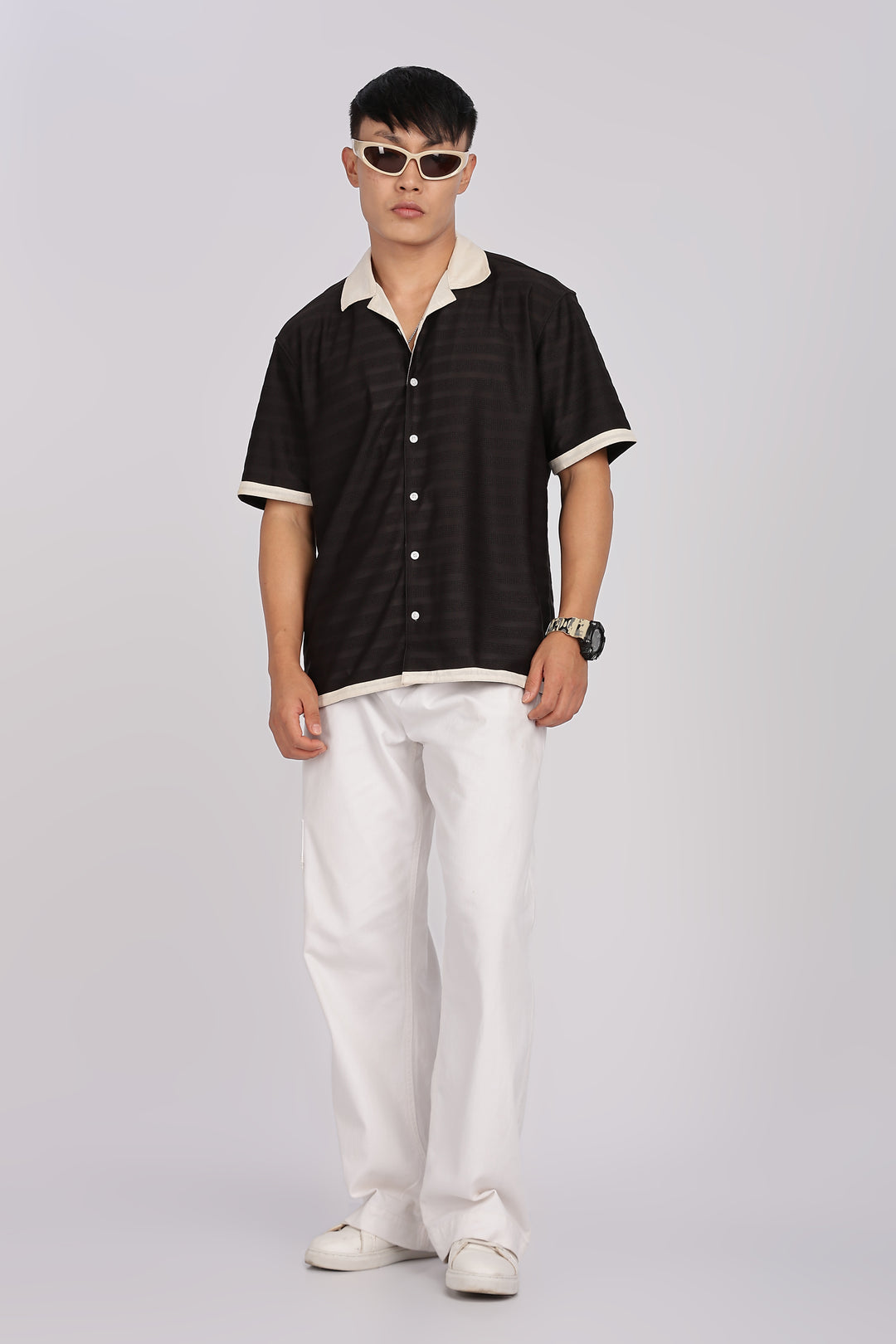Textured Fabric: Stripes Black Cuban Shirt